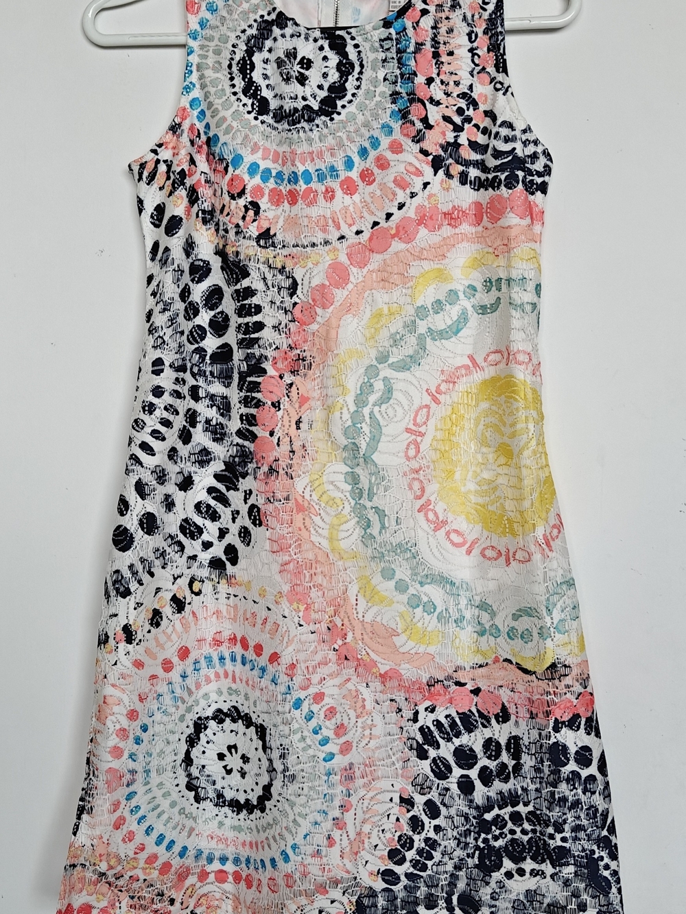 APRICOT White Multicolor Mini Dress with Coral, Yellow & Navy Medallions